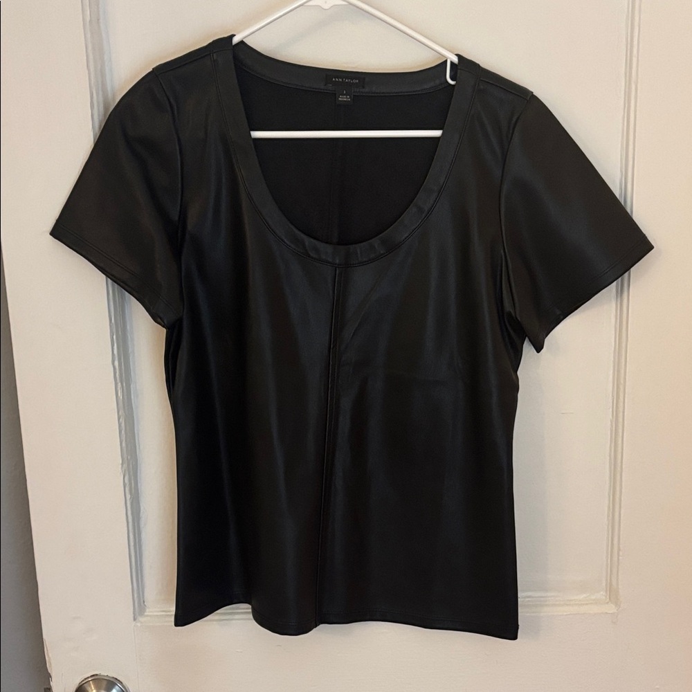 Ann Taylor Black Faux Leather Short Sleeve Top